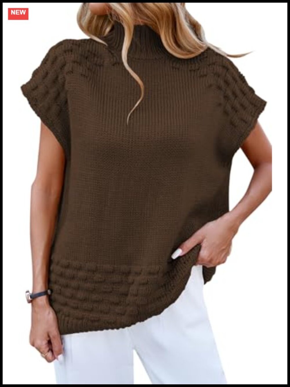 Womens Oversized Sweater Vest Mock Neck Short Sleeve Pullover Knit Top